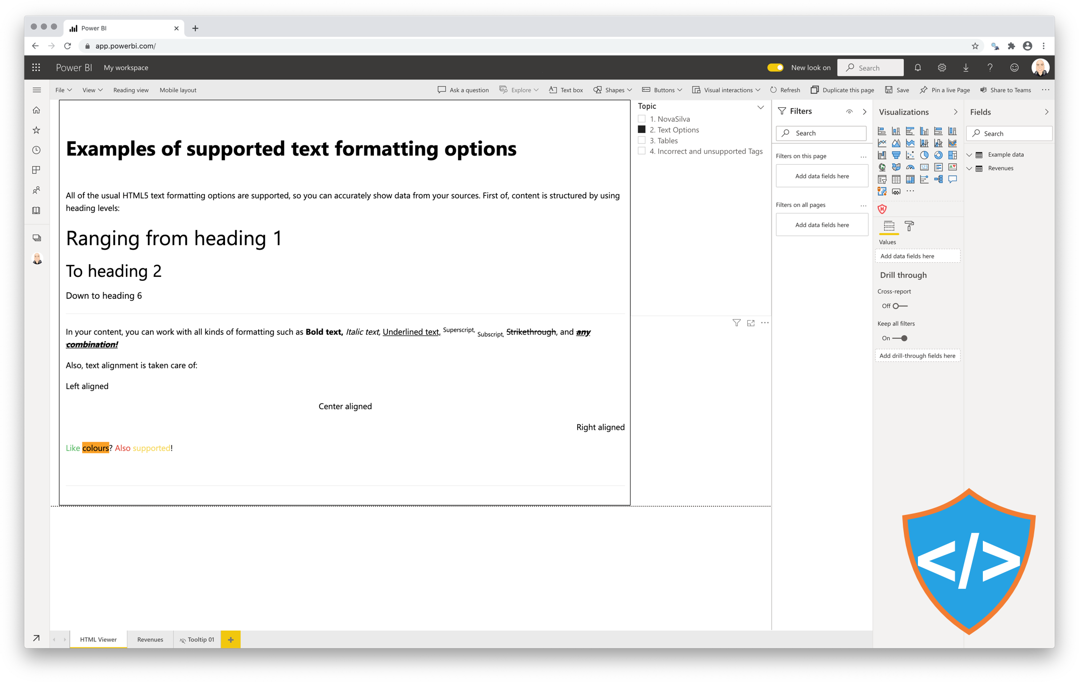 Example of the Shielded HTML Viewer for Power BI